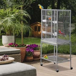 spacious parrot finch macaw cage with feeding bowls, rollable stand, removable tray, and sturdy metal frame