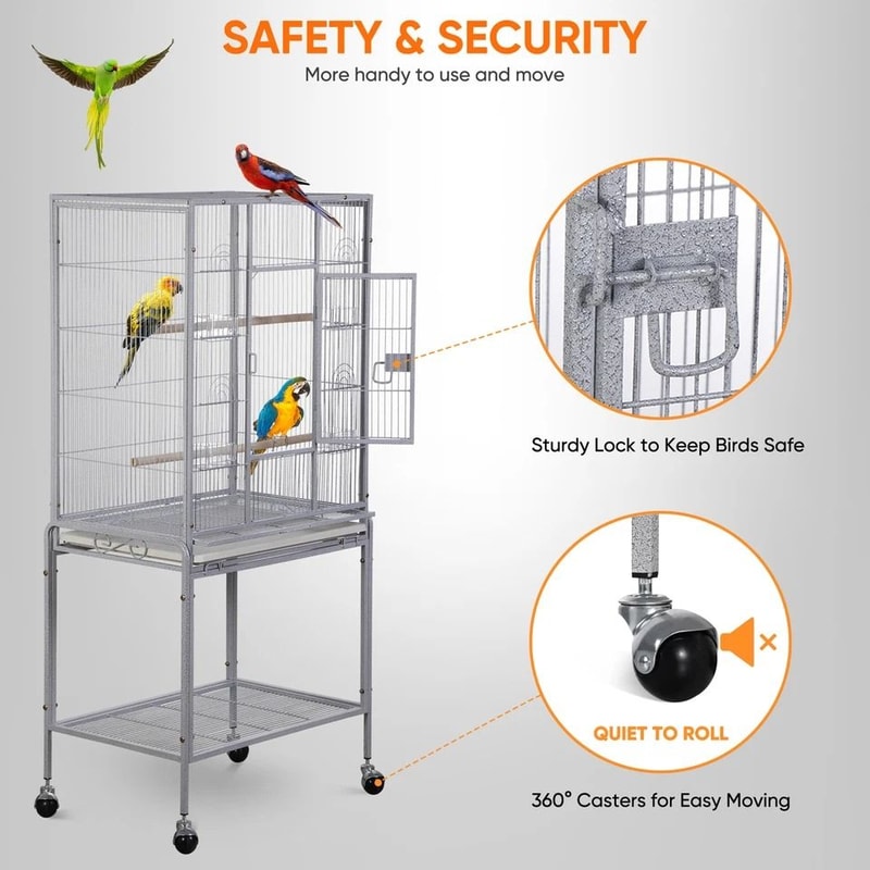 Spacious Parrot Finch Macaw Cage With Feeding Bowls Rollable Stand Removable Tray And Sturdy Metal