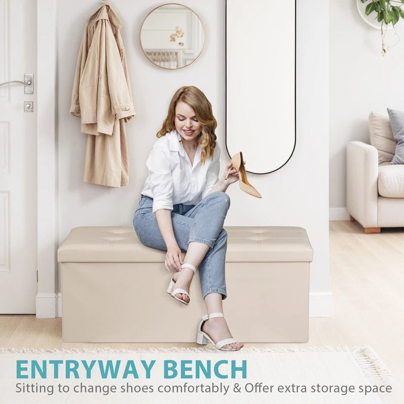 Faux Leather Storage Ottoman Folding Bench Footrest Lid For Bedroom Living Room Entryway Large Capa 1