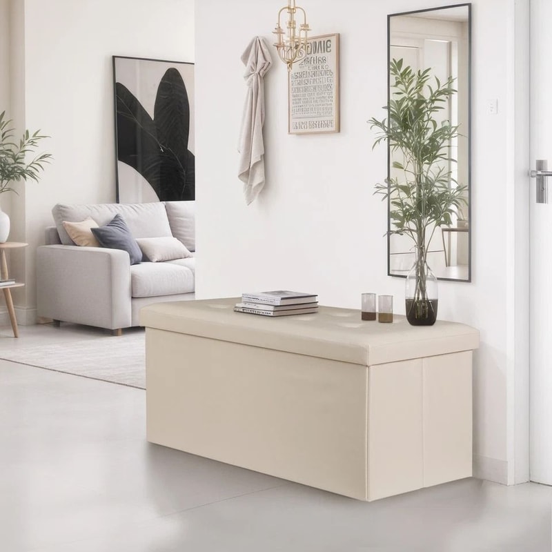 Faux Leather Storage Ottoman Folding Bench Footrest Lid For Bedroom Living Room Entryway Large Capa 11