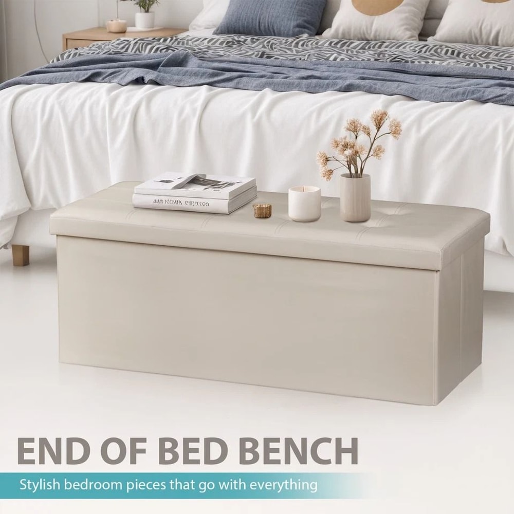 Faux Leather Storage Ottoman Folding Bench Footrest Lid For Bedroom Living Room Entryway Large Capa 2