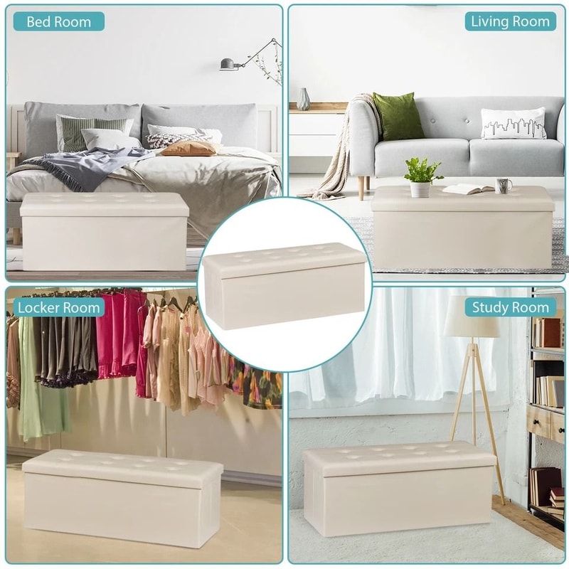 Faux Leather Storage Ottoman Folding Bench Footrest Lid For Bedroom Living Room Entryway Large Capa 3