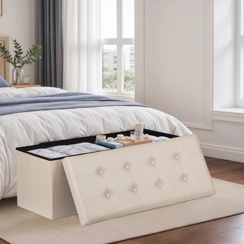Faux Leather Storage Ottoman Folding Bench Footrest Lid For Bedroom Living Room Entryway Large Capa 7