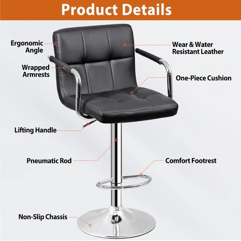Adjustable Bar Stools With Back And Arms PU Leather Chairs For Kitchen Dining Office 2