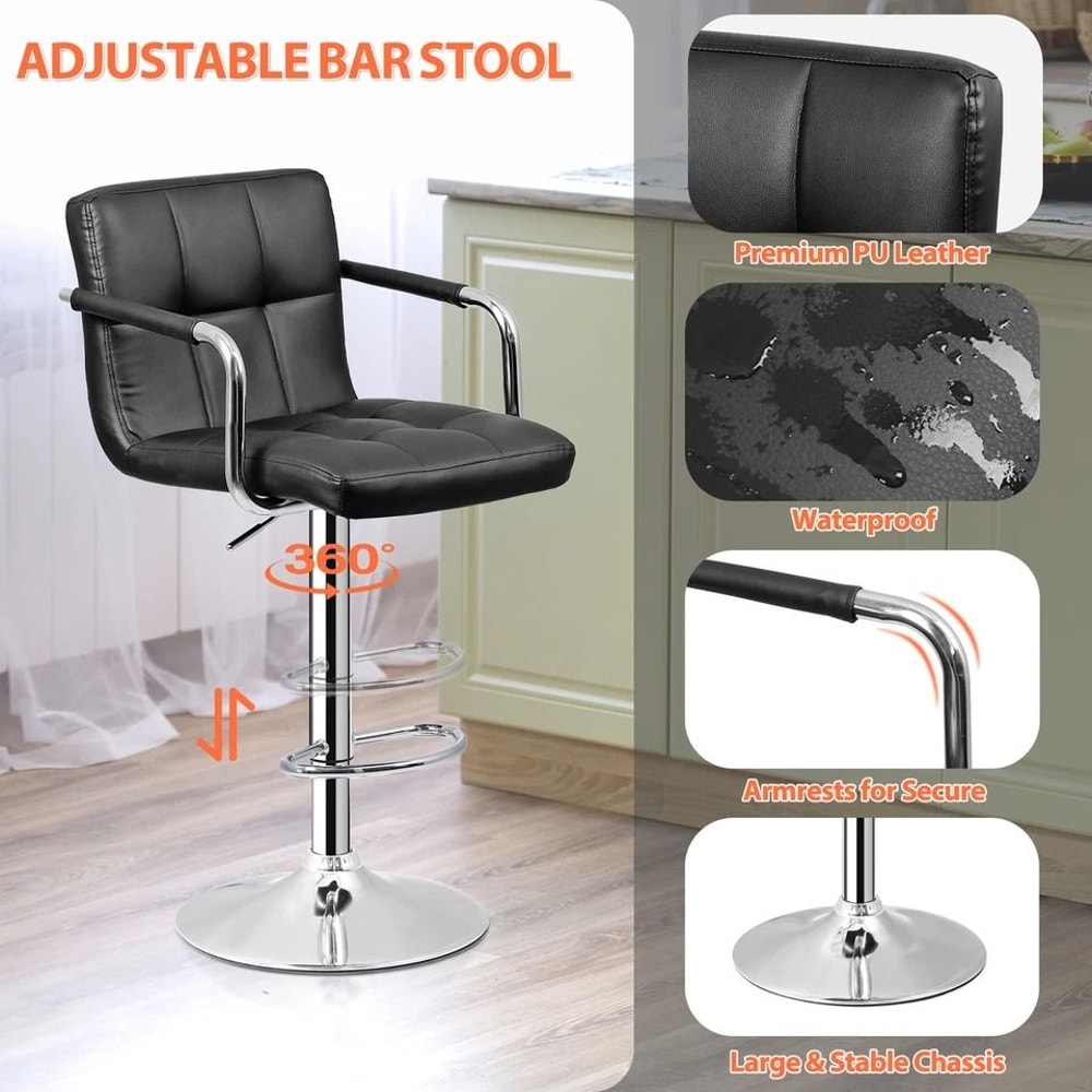 Adjustable Bar Stools With Back And Arms PU Leather Chairs For Kitchen Dining Office 3