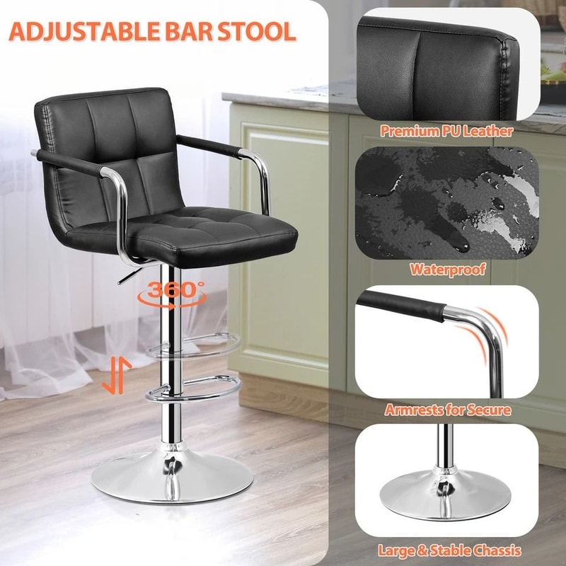 Adjustable Bar Stools With Back And Arms PU Leather Chairs For Kitchen Dining Office 3
