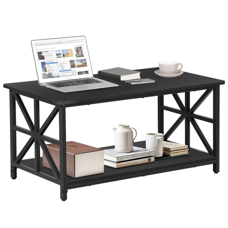 Black Coffee Table With Storage Shelf Industrial Style CrossShaped Metal Legs Spacious And Durable 0