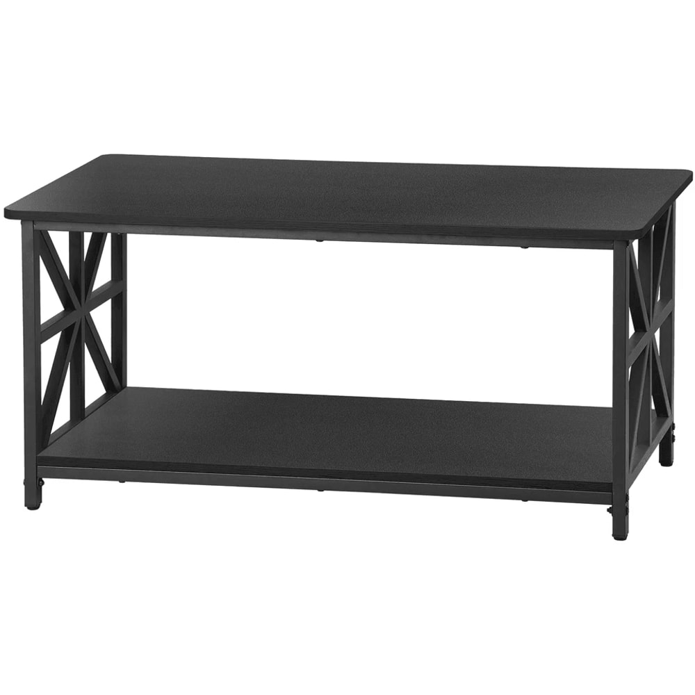 Black Coffee Table With Storage Shelf Industrial Style CrossShaped Metal Legs Spacious And Durable 9
