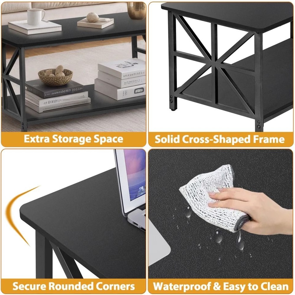 Black Coffee Table With Storage Shelf Industrial Style CrossShaped Metal Legs Spacious And Durable 3