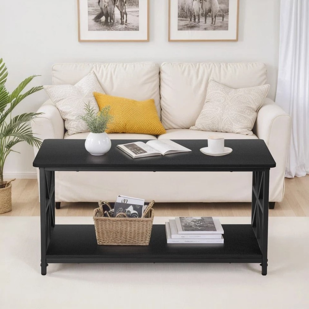 Black Coffee Table With Storage Shelf Industrial Style CrossShaped Metal Legs Spacious And Durable 4