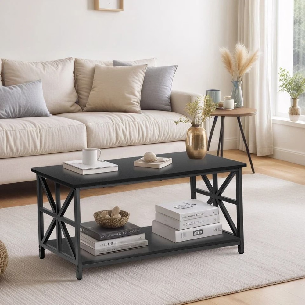 Black Coffee Table With Storage Shelf Industrial Style CrossShaped Metal Legs Spacious And Durable 5