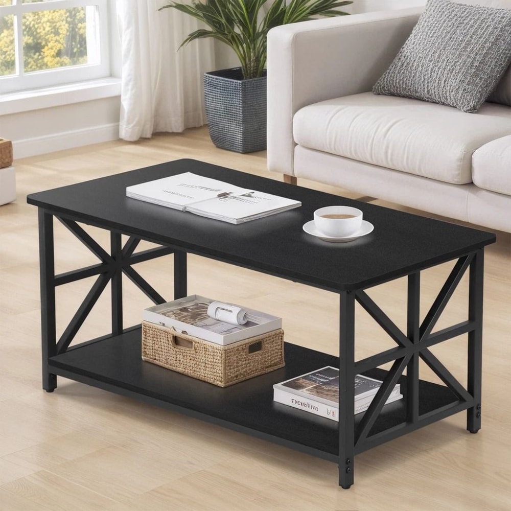 Black Coffee Table With Storage Shelf Industrial Style CrossShaped Metal Legs Spacious And Durable 6
