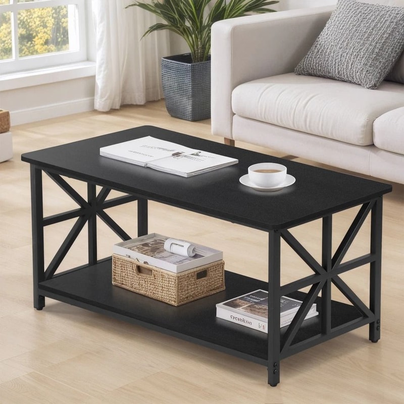 Black Coffee Table With Storage Shelf Industrial Style CrossShaped Metal Legs Spacious And Durable 6