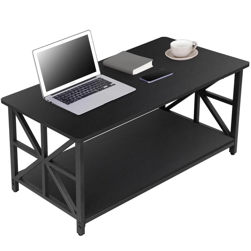 Black Coffee Table With Storage Shelf Industrial Style CrossShaped Metal Legs Spacious And Durable 7