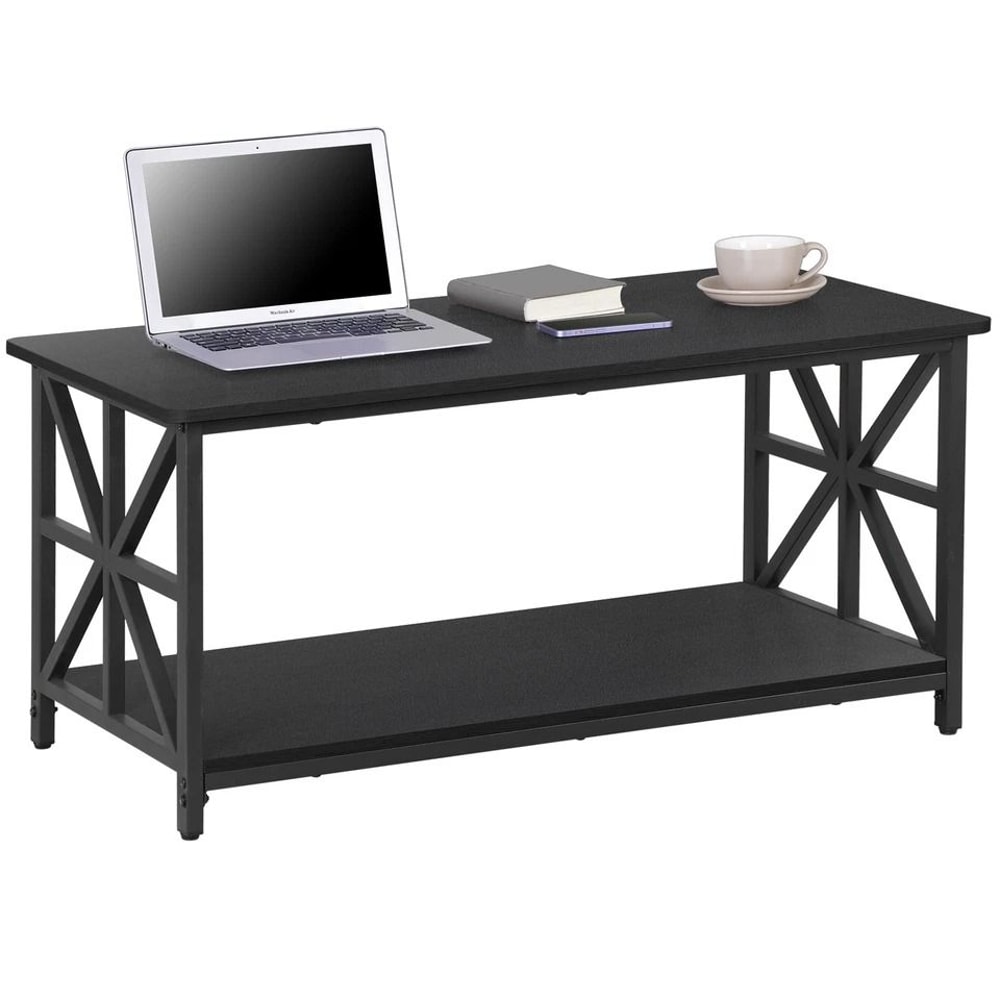 Black Coffee Table With Storage Shelf Industrial Style CrossShaped Metal Legs Spacious And Durable 8