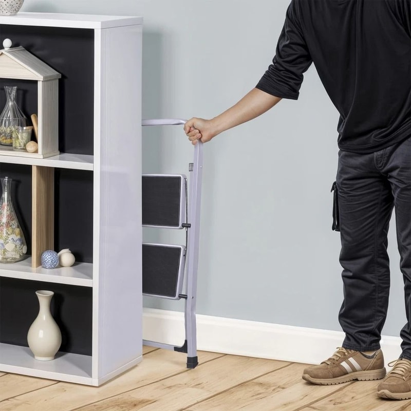 Gray Folding Step Stool With Soft Grip Handle Wide Pedal Compact Ladder For Home Indoor Use SpaceS 8