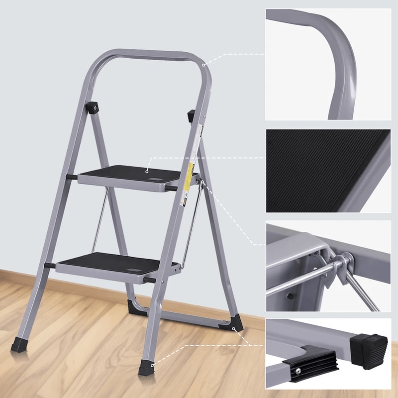 Gray Folding Step Stool With Soft Grip Handle Wide Pedal Compact Ladder For Home Indoor Use SpaceS 10