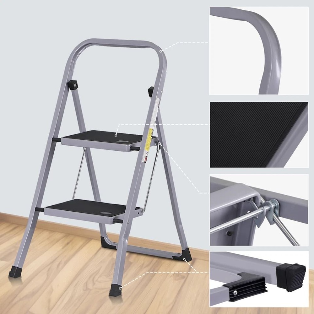 Gray Folding Step Stool With Soft Grip Handle Wide Pedal Compact Ladder For Home Indoor Use SpaceS 4