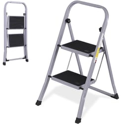 gray folding step stool with soft grip handle & wide pedal, compact ladder for home, indoor use, space-saving design