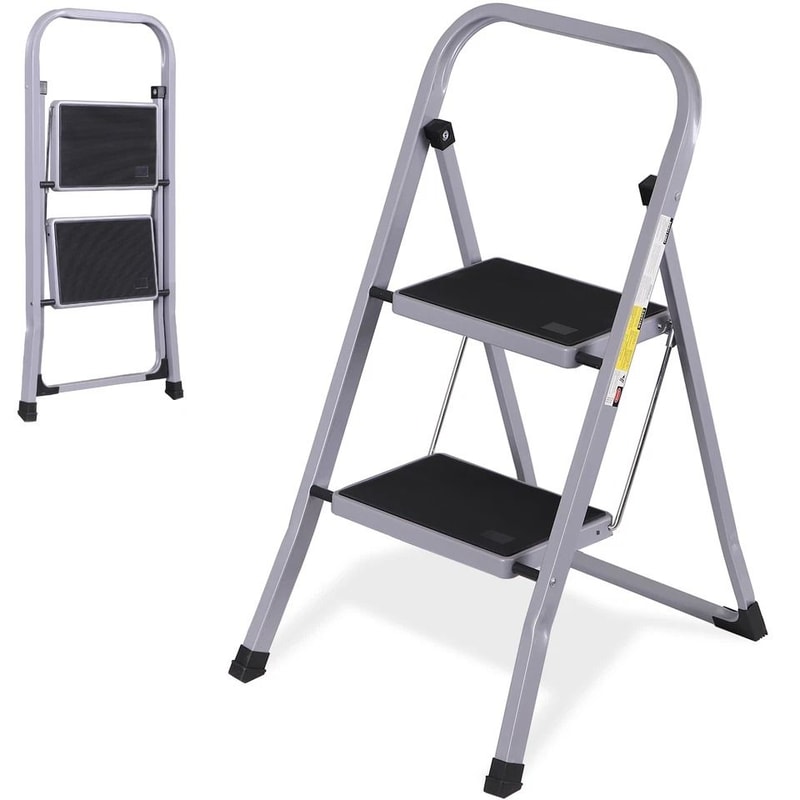 Gray Folding Step Stool With Soft Grip Handle Wide Pedal Compact Ladder For Home Indoor Use SpaceS 0
