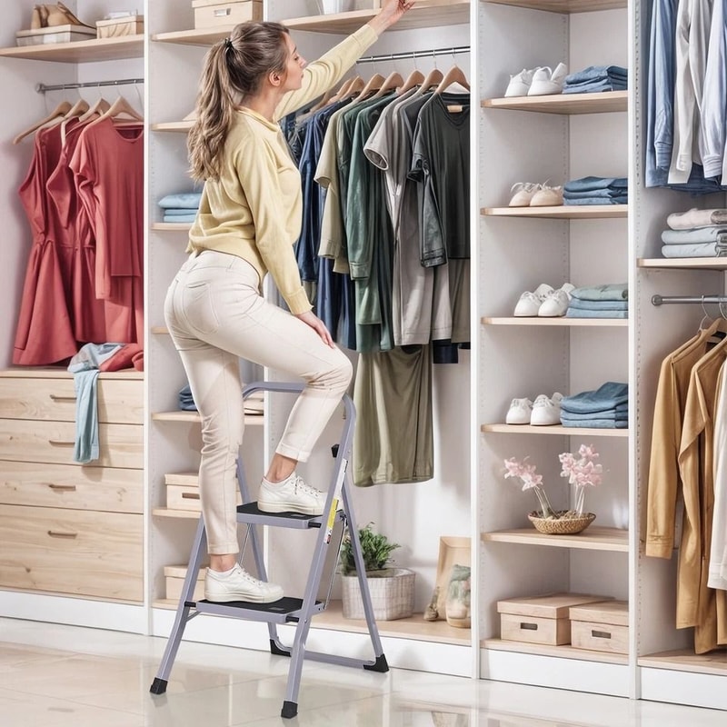 Gray Folding Step Stool With Soft Grip Handle Wide Pedal Compact Ladder For Home Indoor Use SpaceS 1