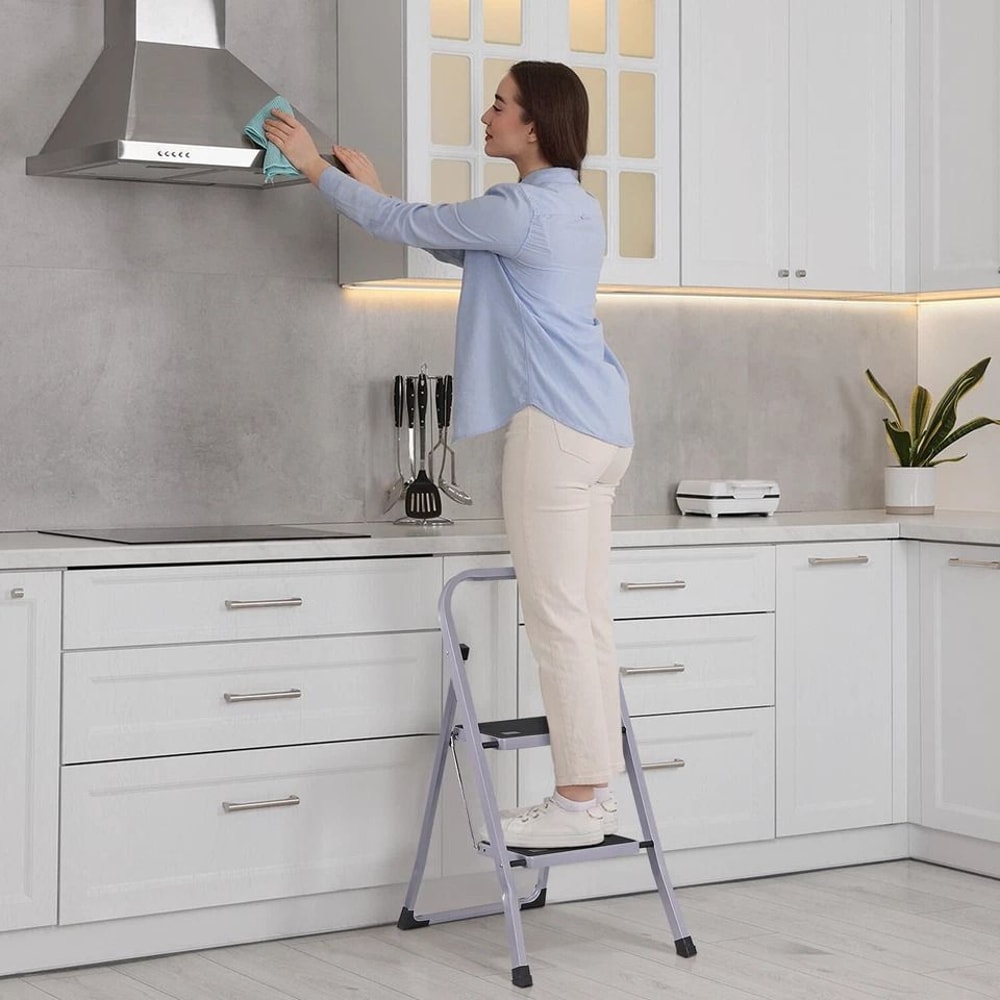 Gray Folding Step Stool With Soft Grip Handle Wide Pedal Compact Ladder For Home Indoor Use SpaceS 6