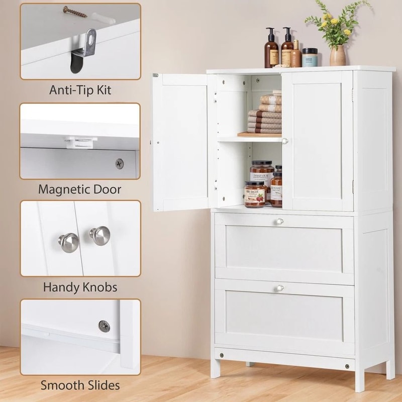 White Bathroom Floor Cabinet Adjustable Shelves Hidden Storage Large Capacity Stylish Design 5