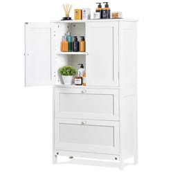 white bathroom floor cabinet, adjustable shelves, hidden storage, large capacity, stylish design