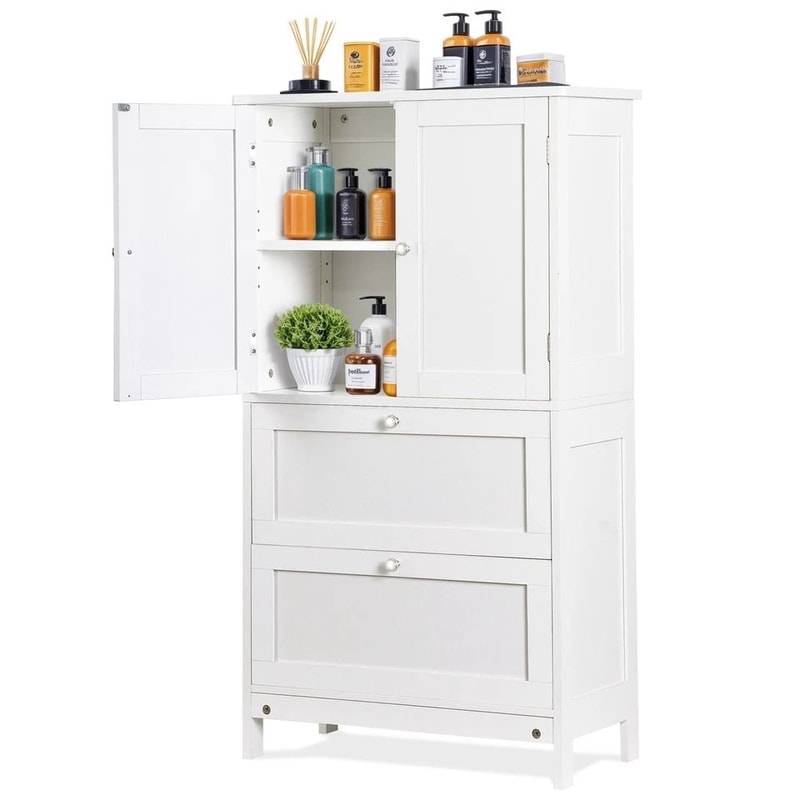 White Bathroom Floor Cabinet Adjustable Shelves Hidden Storage Large Capacity Stylish Design 0