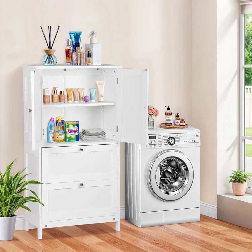 White Bathroom Floor Cabinet Adjustable Shelves Hidden Storage Large Capacity Stylish Design 8