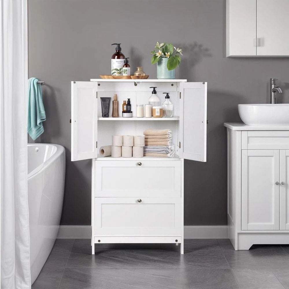 White Bathroom Floor Cabinet Adjustable Shelves Hidden Storage Large Capacity Stylish Design 10