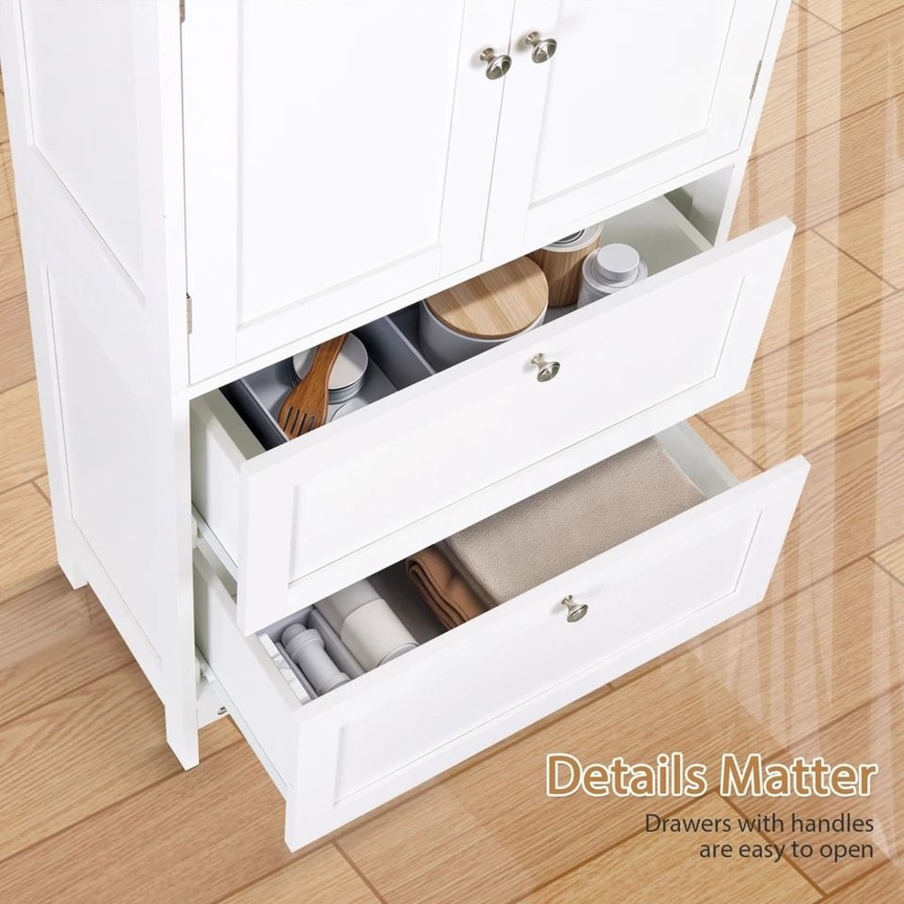 White Bathroom Floor Cabinet Adjustable Shelves Hidden Storage Large Capacity Stylish Design 11