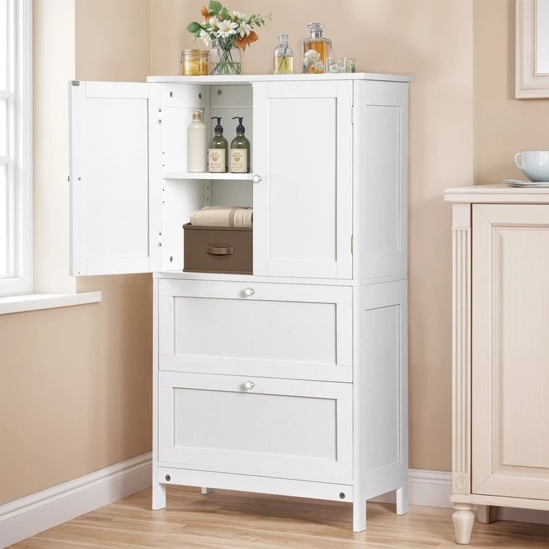 White Bathroom Floor Cabinet Adjustable Shelves Hidden Storage Large Capacity Stylish Design 12