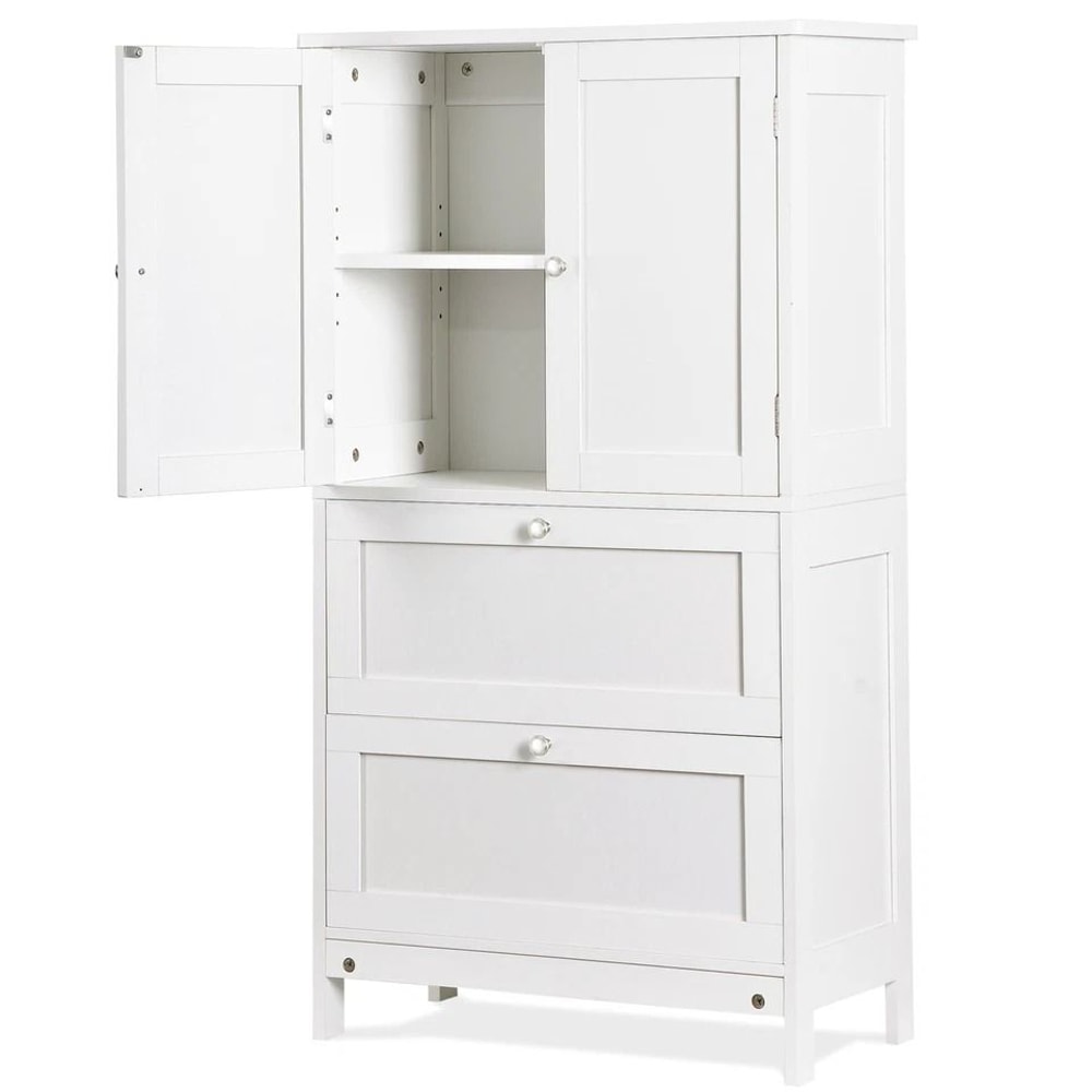 White Bathroom Floor Cabinet Adjustable Shelves Hidden Storage Large Capacity Stylish Design 19