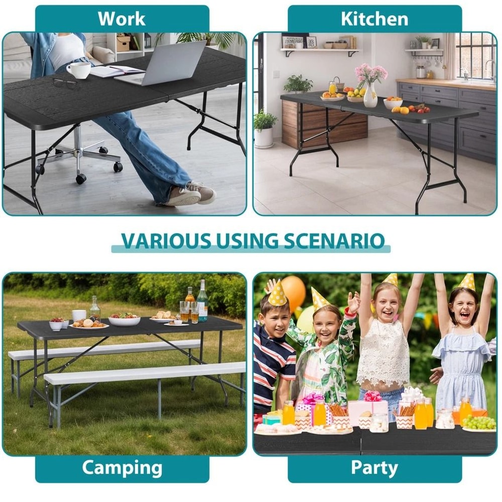 Folding Picnic Table Black Plastic For Camping Backyard BBQ And Garden Use 12