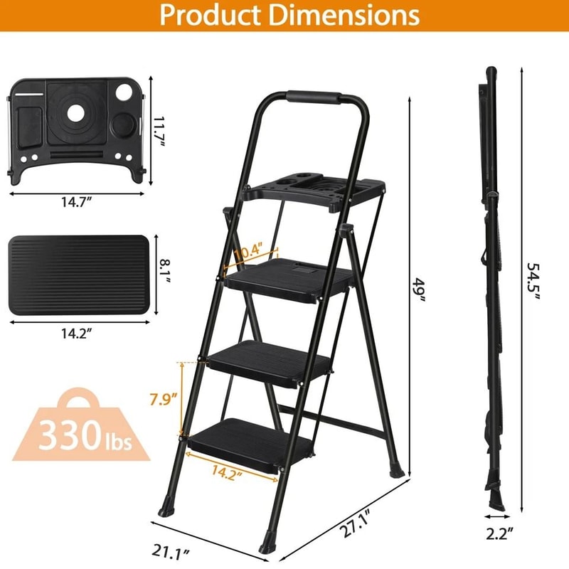 Folding Step Stool With AntiSlip Pedal Ladder With Tool Platform Black High Weight Capacity Compact 2
