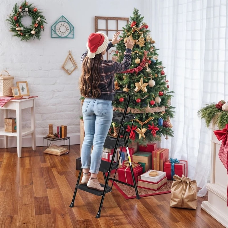 Folding Step Stool With AntiSlip Pedal Ladder With Tool Platform Black High Weight Capacity Compact 10