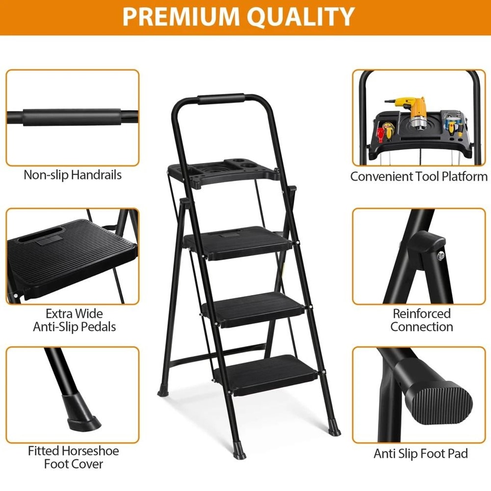 Folding Step Stool With AntiSlip Pedal Ladder With Tool Platform Black High Weight Capacity Compact 3