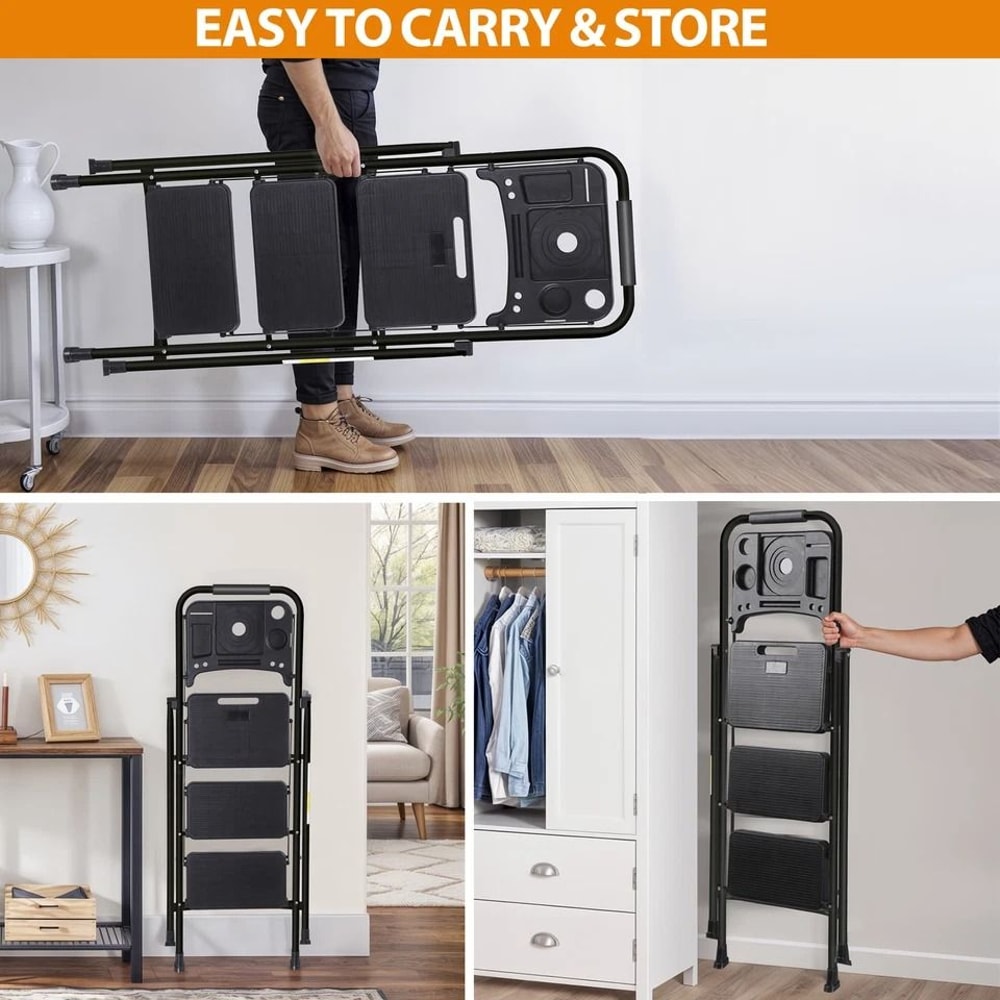 Folding Step Stool With AntiSlip Pedal Ladder With Tool Platform Black High Weight Capacity Compact 4