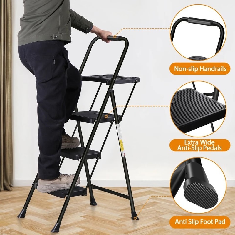 Folding Step Stool With AntiSlip Pedal Ladder With Tool Platform Black High Weight Capacity Compact 6