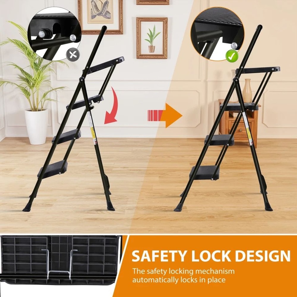 Folding Step Stool With AntiSlip Pedal Ladder With Tool Platform Black High Weight Capacity Compact 8