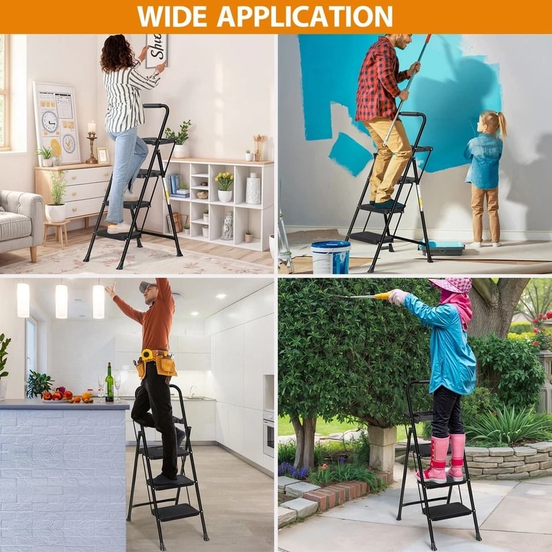 Folding Step Stool With AntiSlip Pedal Ladder With Tool Platform Black High Weight Capacity Compact 9