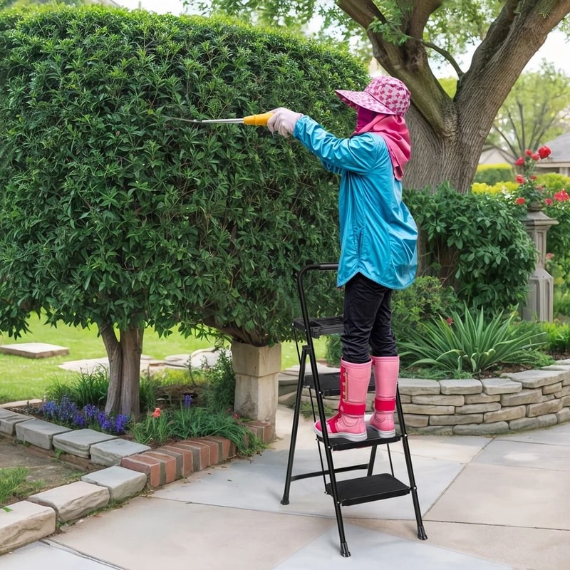 Folding Step Stool With AntiSlip Pedal Ladder With Tool Platform Black High Weight Capacity Compact 12