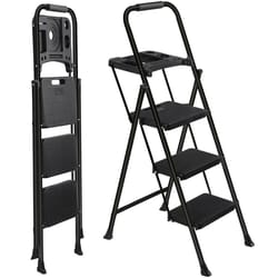 folding step stool with anti-slip pedal, ladder with tool platform, black, high weight capacity, compact & foldable