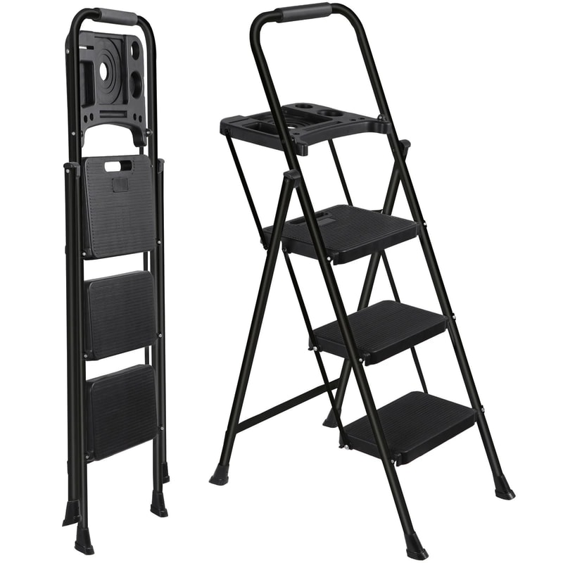 Folding Step Stool With AntiSlip Pedal Ladder With Tool Platform Black High Weight Capacity Compact 0