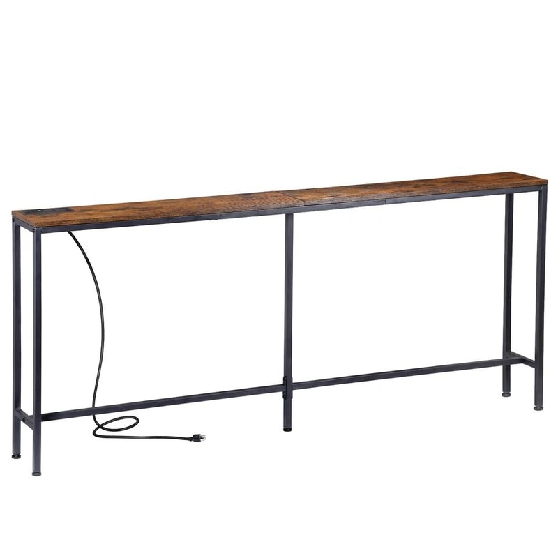 Rustic Brown Narrow Console Table With Charging Station Ideal For Living Room Entryway Or Bedroom 2