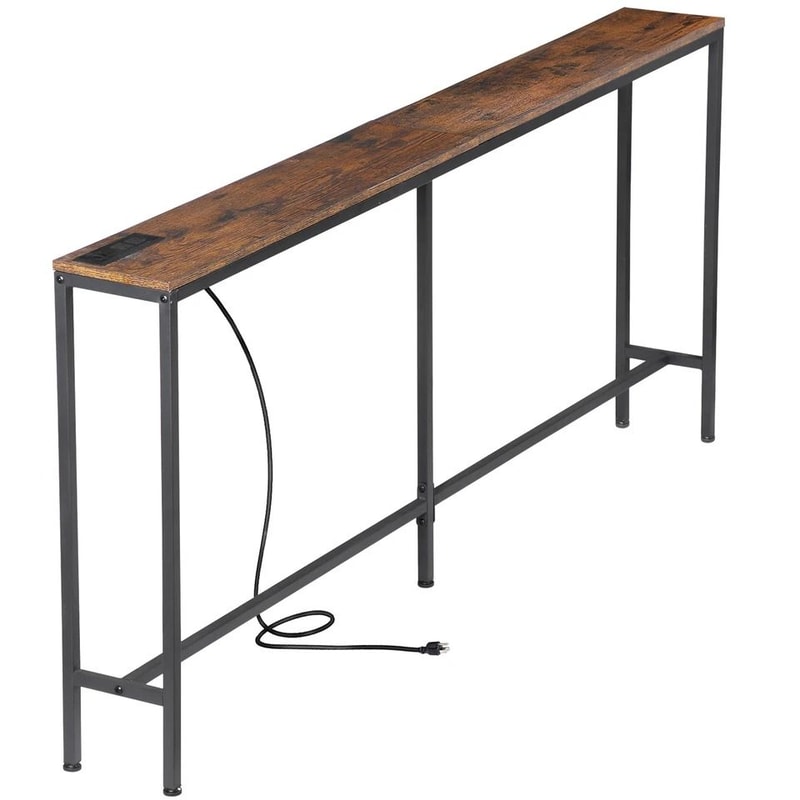 Rustic Brown Narrow Console Table With Charging Station Ideal For Living Room Entryway Or Bedroom 1