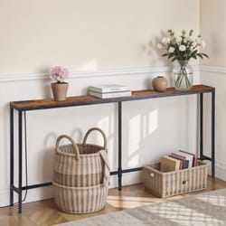 rustic brown narrow console table with charging station, ideal for living room, entryway, or bedroom