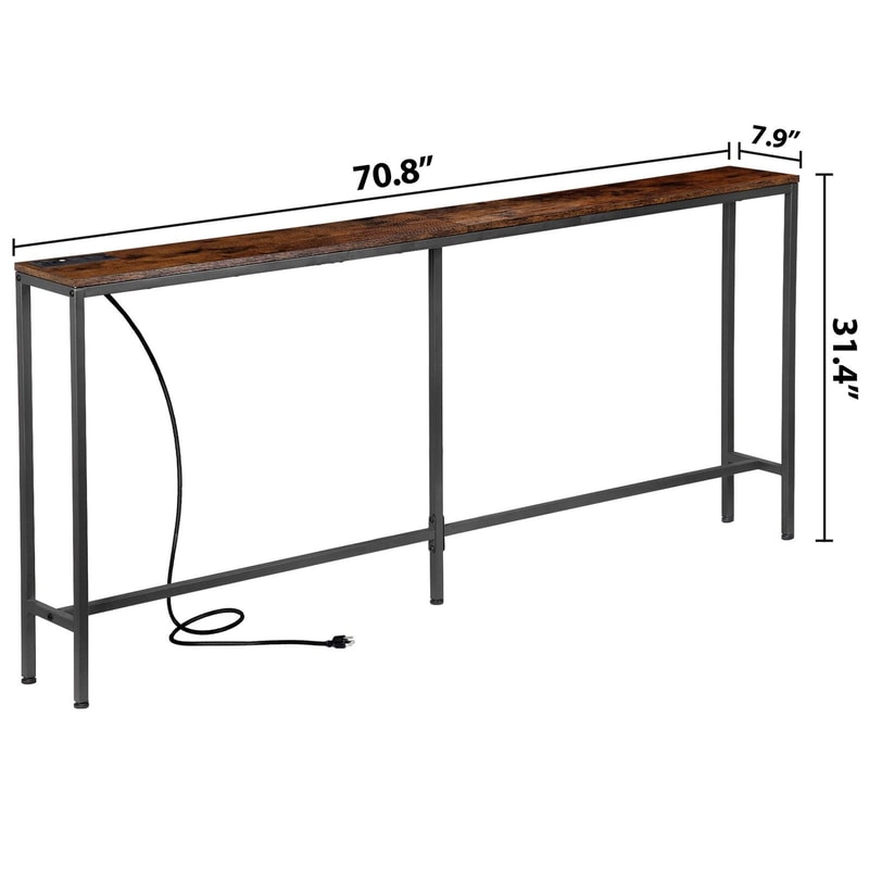 Rustic Brown Narrow Console Table With Charging Station Ideal For Living Room Entryway Or Bedroom 12