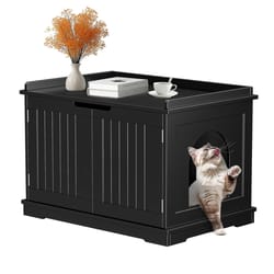 durable wooden cat litter box enclosure, black pet washroom for living room, stylish cat house with extra surface
